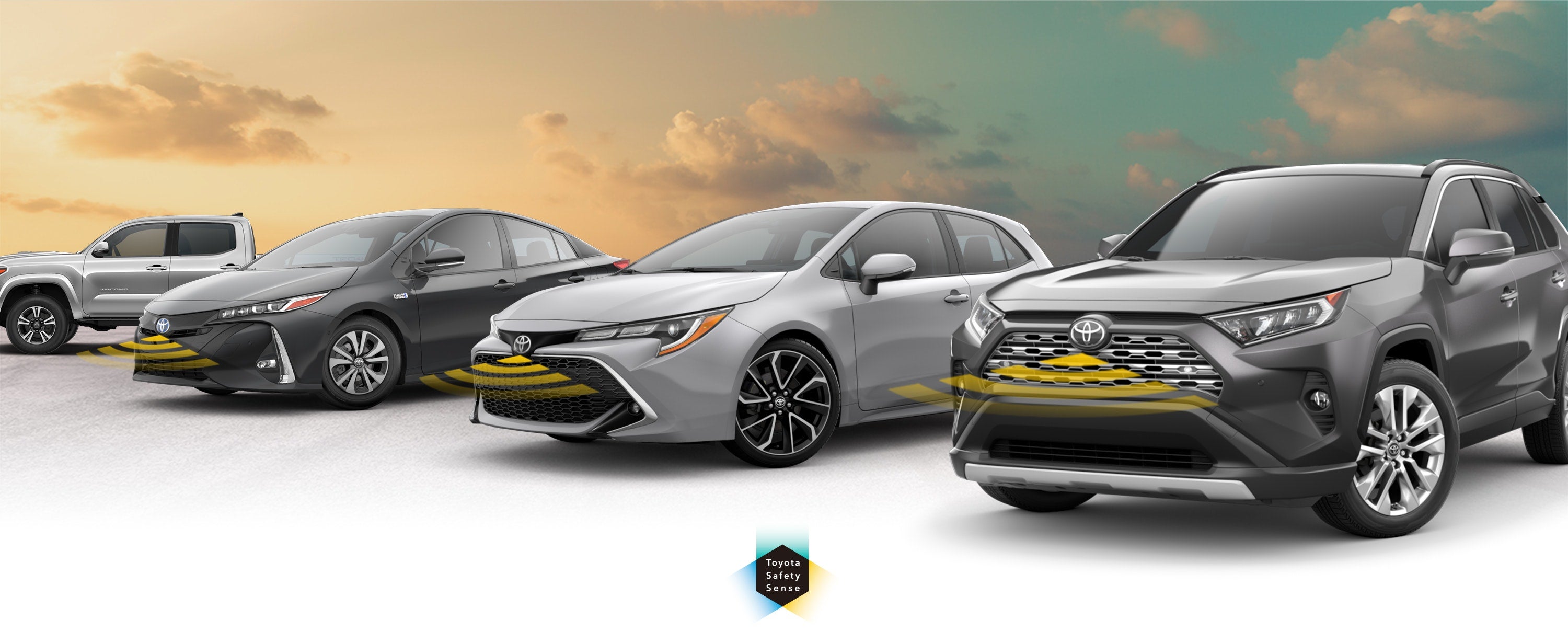 Toyota Safety Sense: Designed for Safety. Options shown on Toyota models including RAV4, Tacoma, and Camry, available now at Empire Toyota of Huntington in Huntington Station NY.